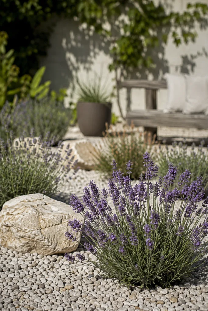 Gartendeko mit Lavendel – 5 wunderschöne Ideen für mehr Atmosphäre Gartendeko mit Lavendel im Kiesbeet mit Natursteinen als pflegeleichte Gestaltungsidee für sonnige Gärten.