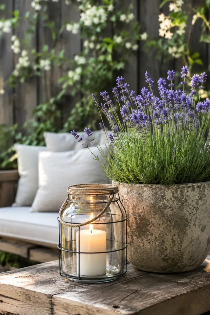 Reihenhausgartendeko im Juni mit Lavendel, Holzmöbeln und natürlichen Materialien im Gartenbereich.