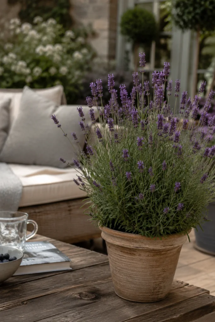 Gartendeko mit Lavendel – 5 wunderschöne Ideen für mehr Atmosphäre Gartendeko mit Lavendel im Terrakottatopf neben gemütlichem Sitzplatz auf der Terrasse.