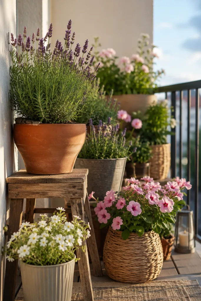 Deko für einen kleinen Balkon im Juni mit blühenden Pflanzgefäßen auf unterschiedlichen Höhen und Lavendel.