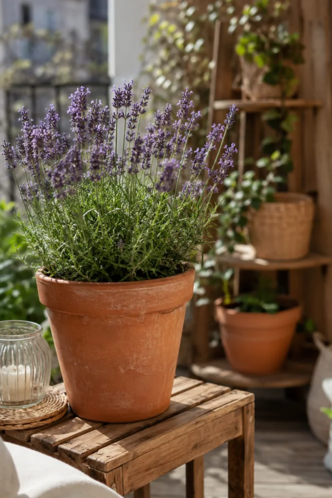 Deko für einen kleinen Balkon im Juni mit Terrakottatopf, Lavendel und natürlichen Materialien.