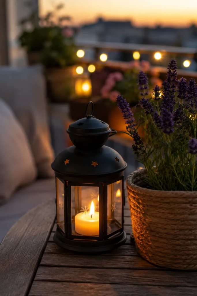 Deko für kleinen Balkon im Juni mit Laterne, Lavendel und stimmungsvoller Abendbeleuchtung.