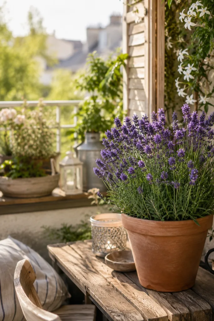 Deko für einen kleinen Balkon im Juni mit Lavendel, Terrakotta und mediterraner Gestaltung.