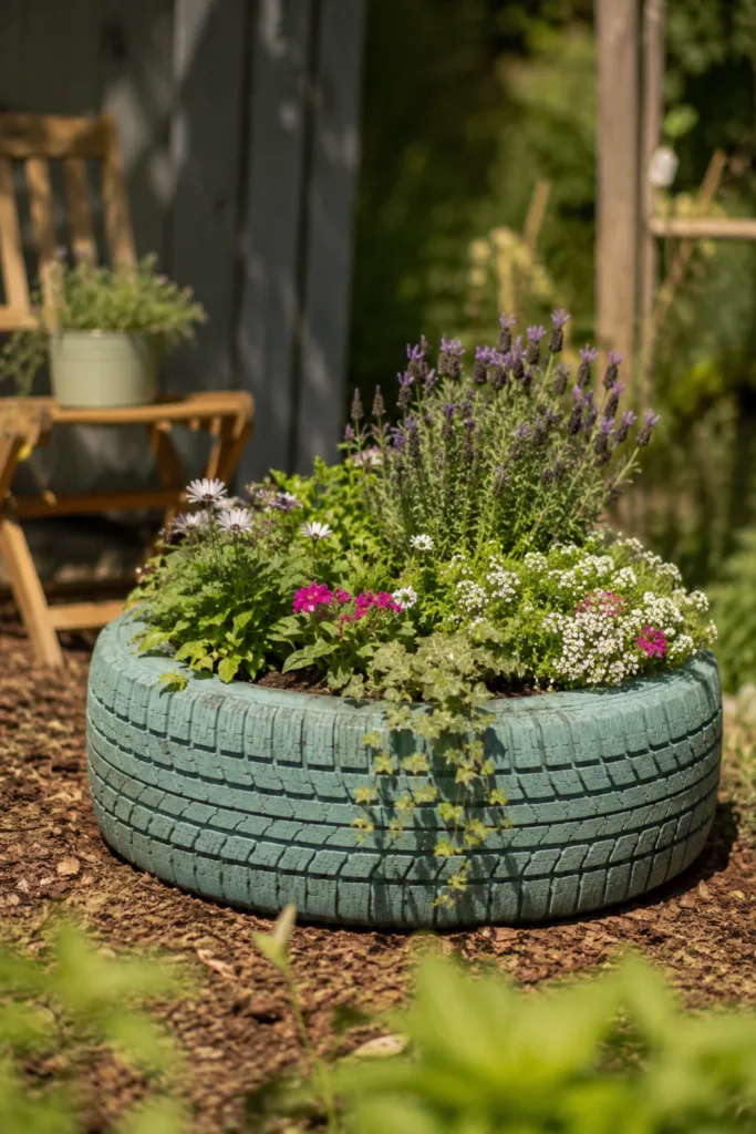 Gartendeko aus alten Reifen als Blumenbeet mit Lavendel und Sommerblumen im Garten.