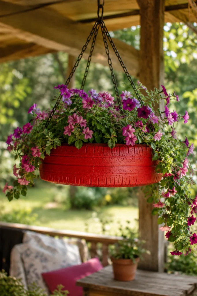 Gartendeko aus alten Reifen als hängende Blumenampel mit bunten Blüten auf einer Terrasse im Garten.