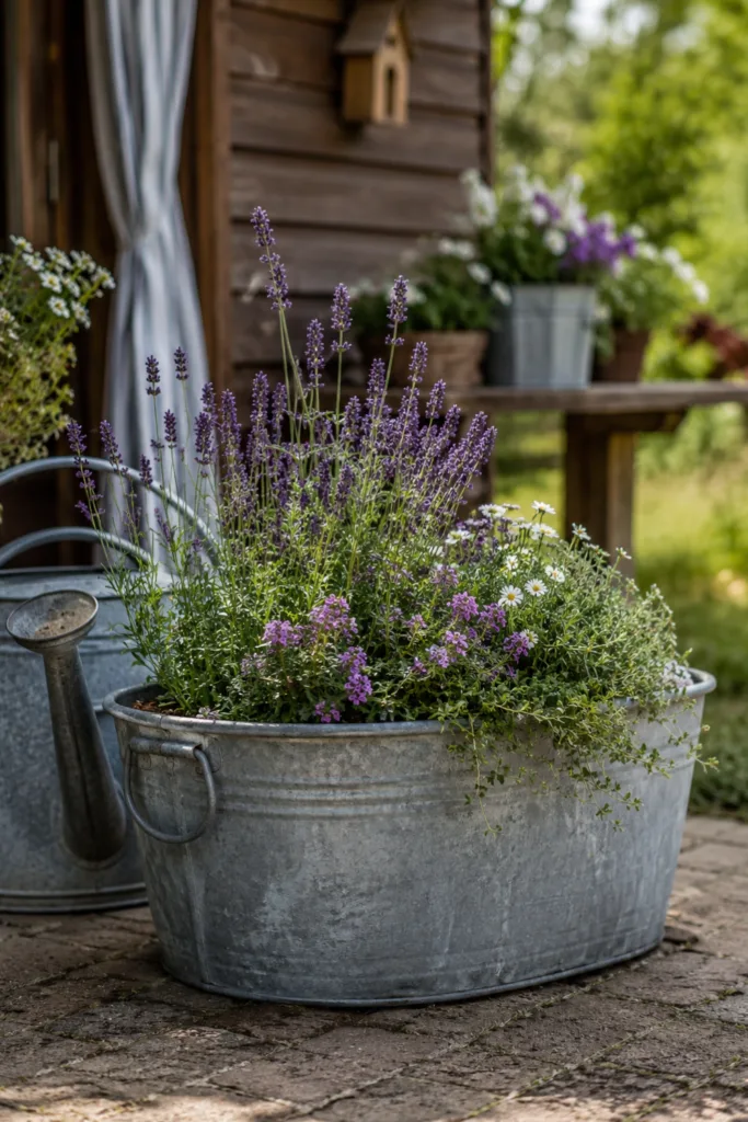 Schrebergartendeko im Juni mit bepflanzter Zinkwanne vor Gartenlaube als natürlicher Blickfang im Kleingarten.