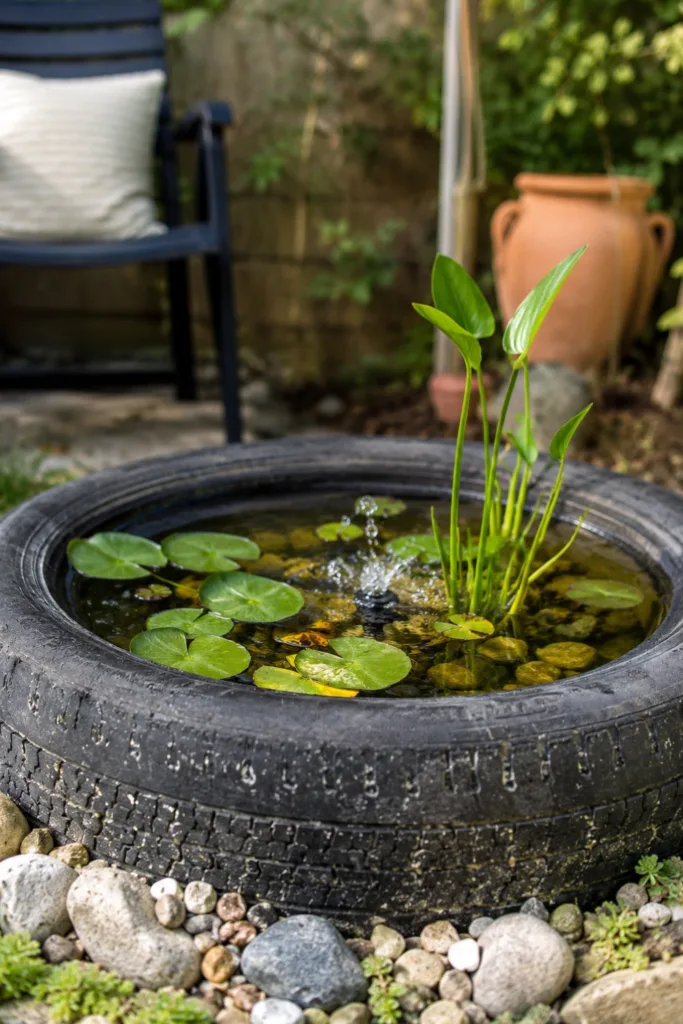 Gartendeko aus alten Reifen als Miniteich mit Wasserpflanzen und Natursteinen im Garten.