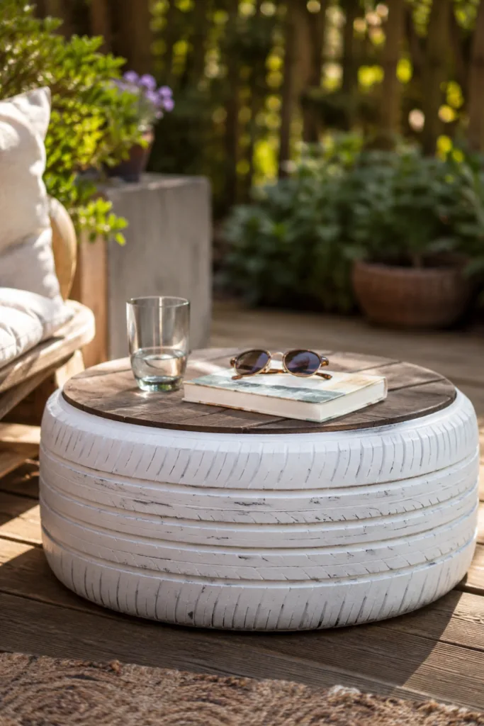 Gartendeko aus alten Reifen als Gartenhocker mit Holzplatte auf gemütlicher Terrasse im Garten.