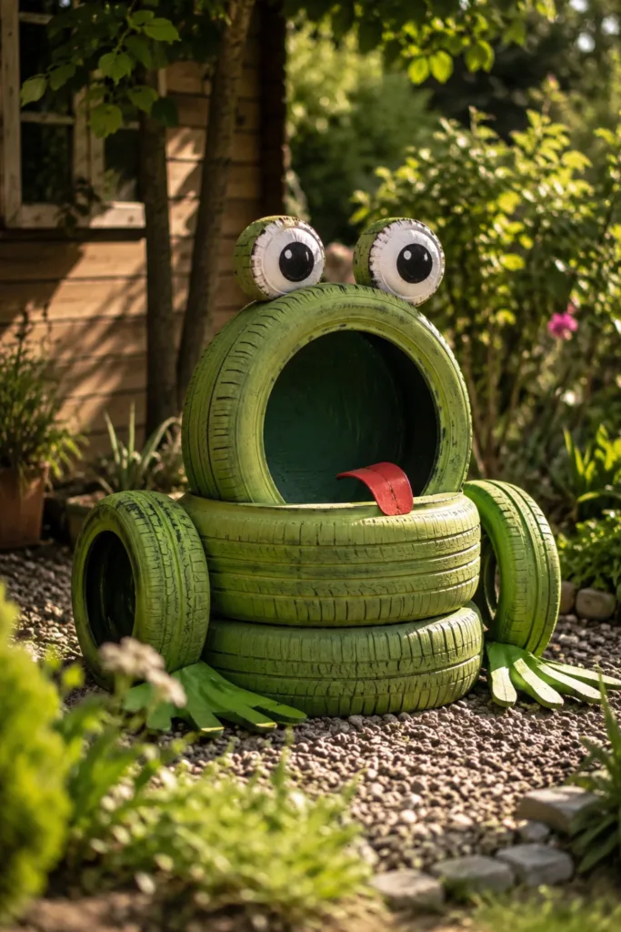 Gartendeko aus alten Reifen als Froschfigur zwischen Pflanzen im naturnahen Garten.