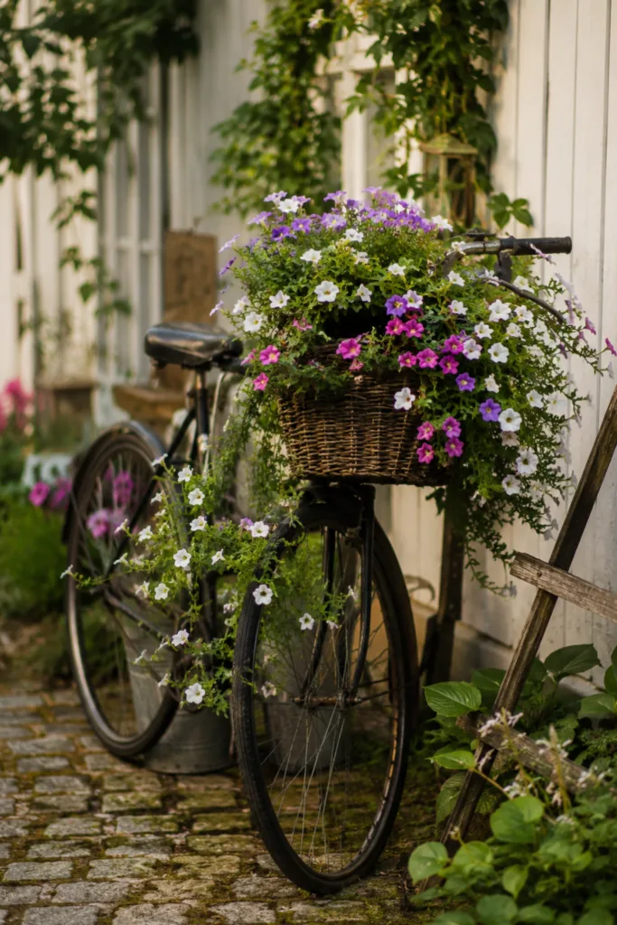 Gartendeko mit alten Fahrrädern als Blumeninsel mit Petunien und Hängepflanzen im Garten.