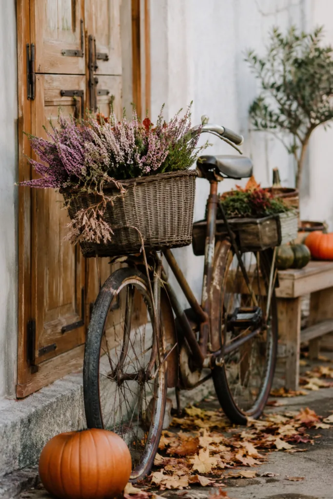 Gartendeko mit altem Fahrrad, Herbstblumen und Kürbissen als saisonale Dekoration im Garten.