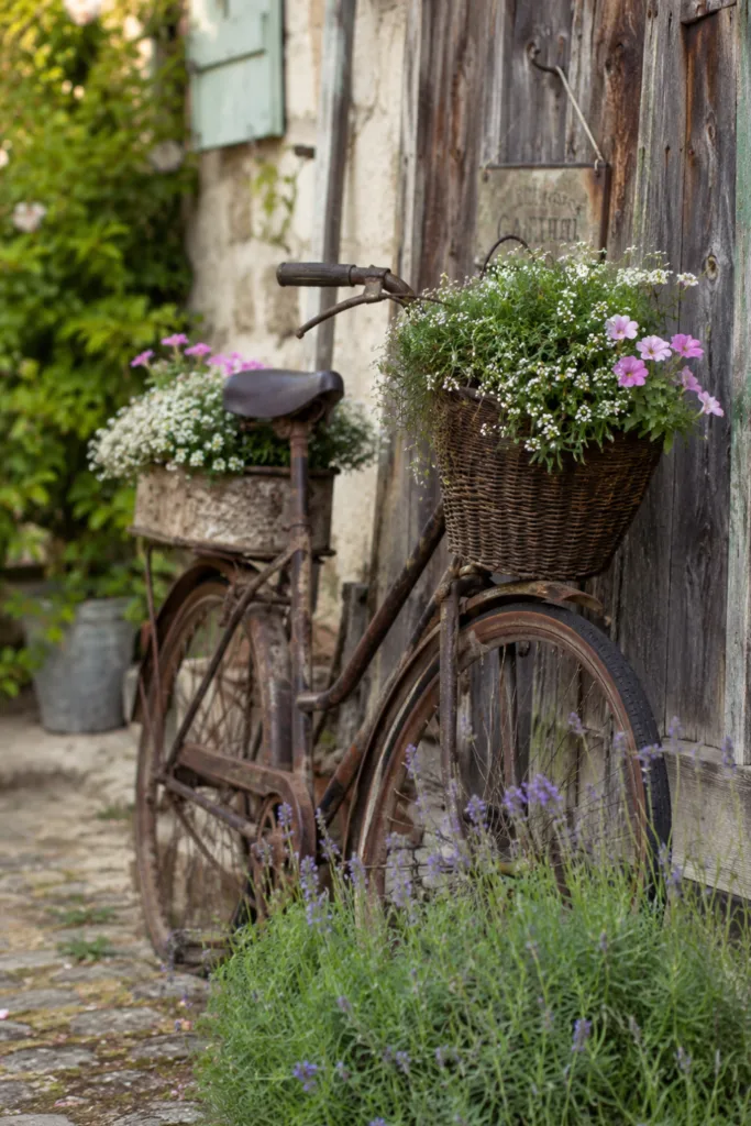 Gartendeko mit altem Fahrrad vor Holzwand im nostalgischen Garten mit Lavendel und Blumenbeeten.