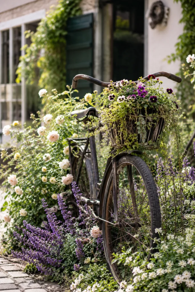 Gartendeko mit altem Fahrrad als Mittelpunkt eines Themenbeets mit Blumen und Stauden im Garten.