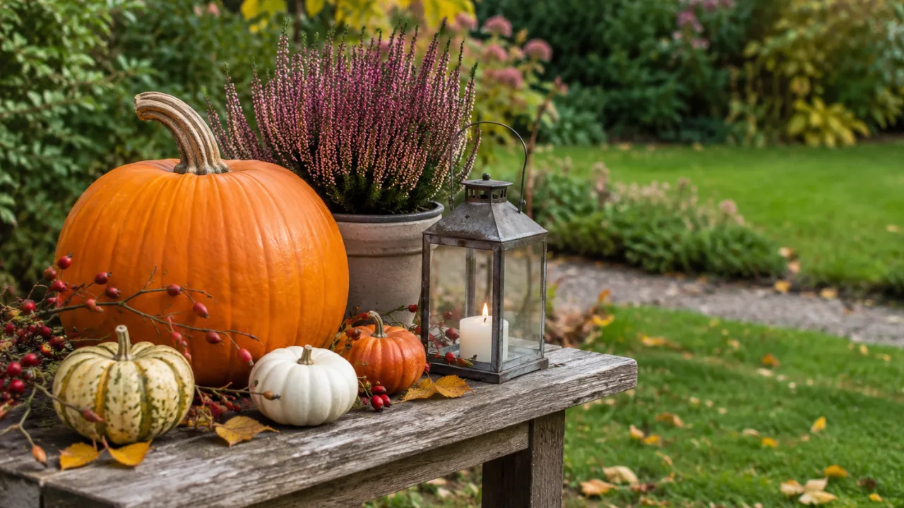 Herbstdeko für den Garten mit Kürbissen, Heide, Laterne und Hagebutten auf einer rustikalen Holzbank.