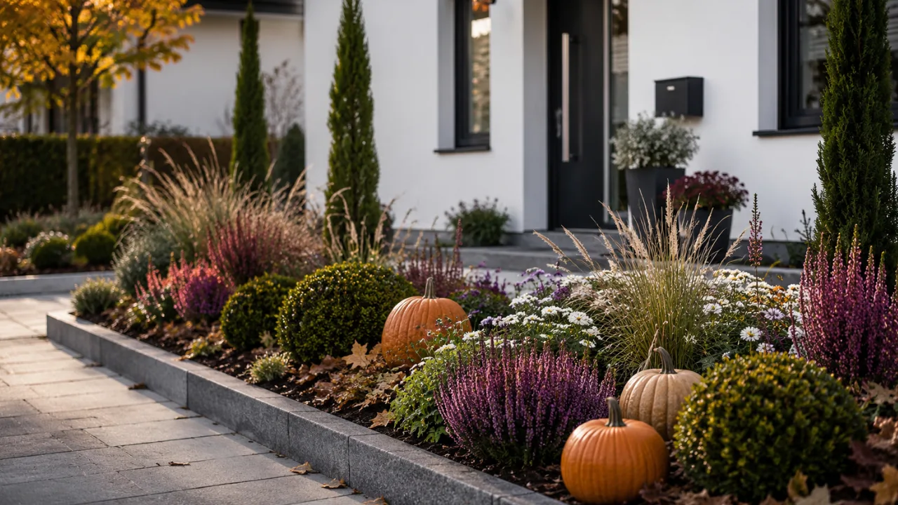 Herbstdeko für den Vorgarten mit Kürbissen, Heide und Gräsern vor einem modernen Haus.