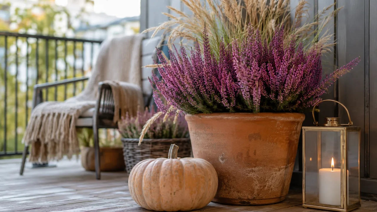 Herbstdeko für den Balkon mit Heide, Kürbis und Laterne in warmen Naturtönen.