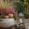 Herbstdeko für einen kleinen Garten mit Heide, Kürbissen, Ziergras und Laterne.