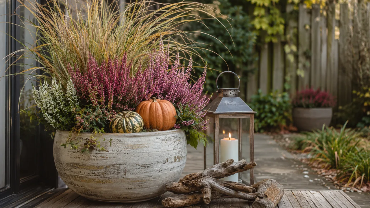 Herbstdeko für einen kleinen Garten mit Heide, Kürbissen, Ziergras und Laterne.