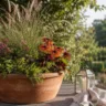 Gartendeko im August mit Terrakottatopf, Ziergras und warmen Blüten auf einem Gartentisch.