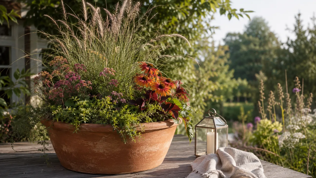 Gartendeko im August mit Terrakottatopf, Ziergras und warmen Blüten auf einem Gartentisch.