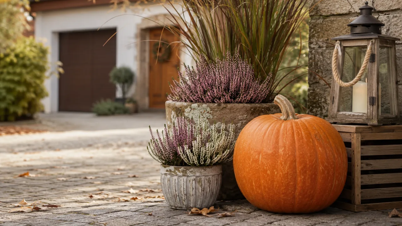 Herbstdeko für die Einfahrt mit Kürbis, Heide, Ziergras und Laterne vor einem Wohnhaus.