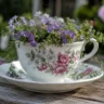 Gartendeko mit alter Teetasse als Pflanzgefäß auf Holztisch im Garten mit Blumen und weichem Hintergrundlicht.