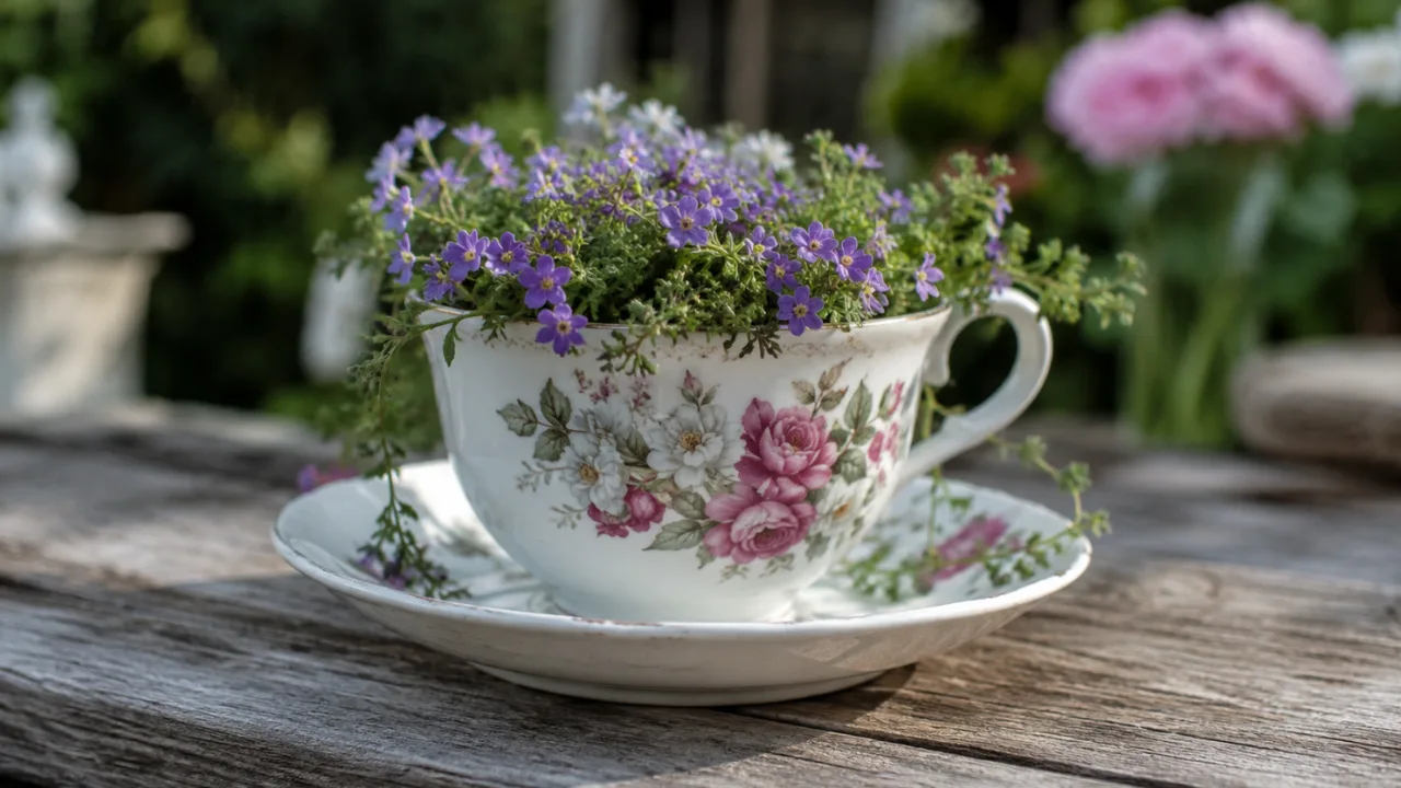 Gartendeko mit Teetassen – 5 wunderschöne Ideen für deinen Garten Gartendeko mit alter Teetasse als Pflanzgefäß auf Holztisch im Garten mit Blumen und weichem Hintergrundlicht.