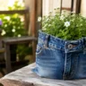 Gartendeko mit alten Jeans als bepflanzter Jeanskorb auf einem Holztisch im Garten.