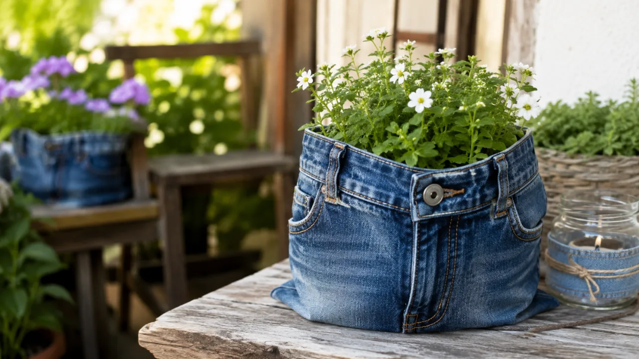 Gartendeko mit alten Jeans: 5 kreative Dekoideen mit Wow-Effekt Gartendeko mit alten Jeans als bepflanzter Jeanskorb auf einem Holztisch im Garten.