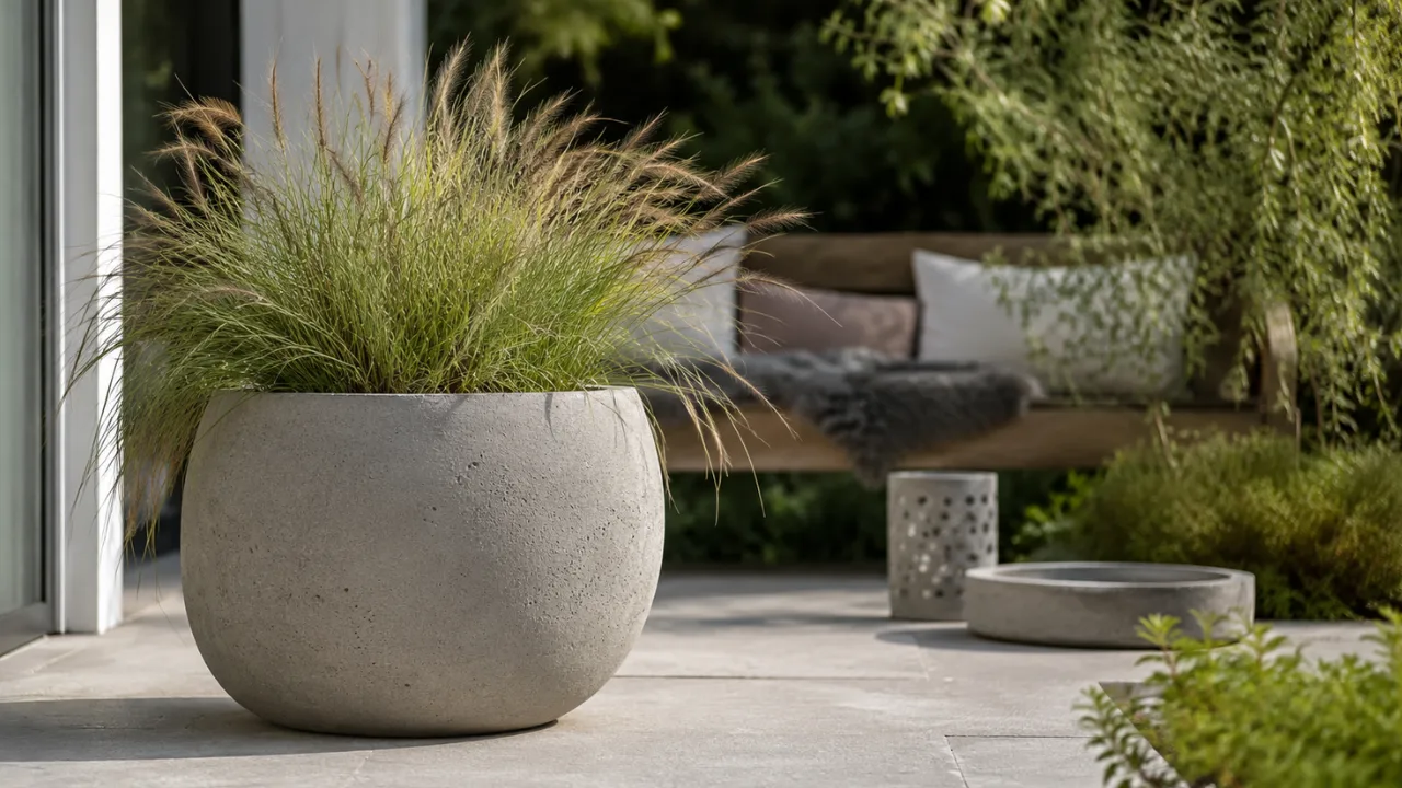 Terrassendeko mit Beton: großer Pflanzkübel mit Ziergras auf einer modern gestalteten Terrasse.