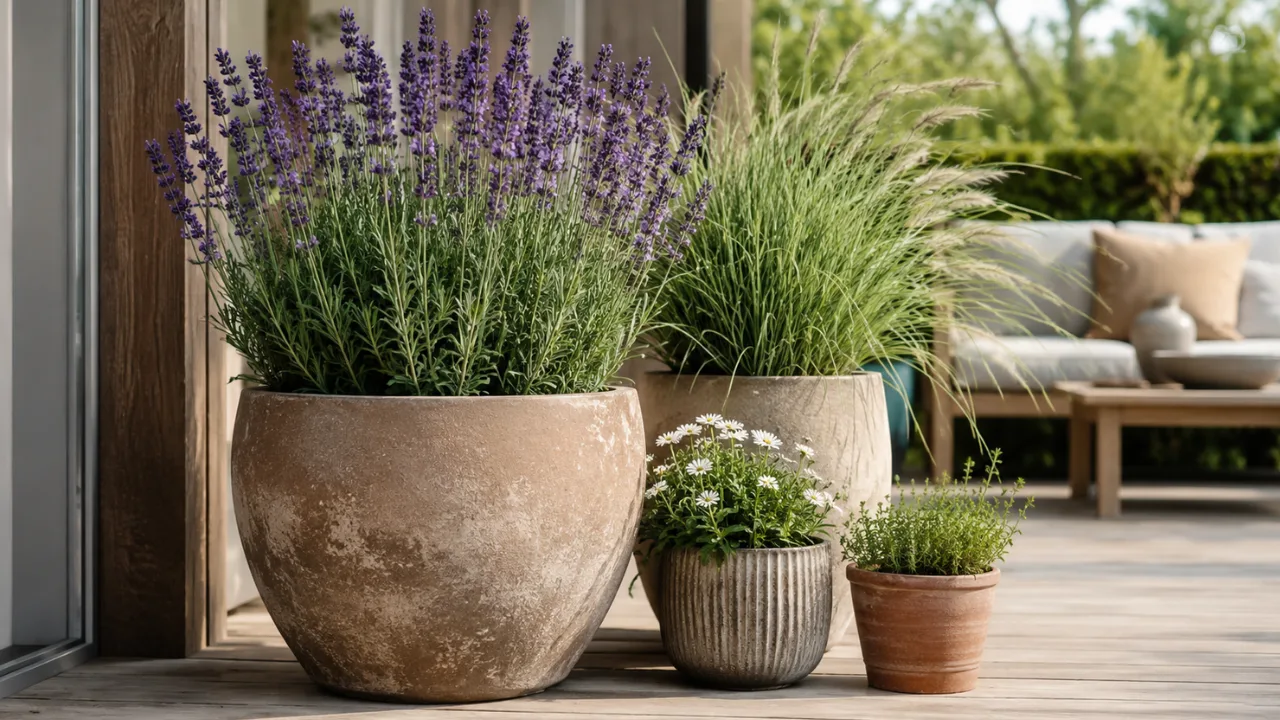 Terrassendeko mit Blumentöpfen, Lavendel und Ziergras auf einer gemütlichen Holzterrasse.