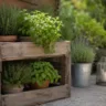 DIY-Gartendekoration mit Holzkiste, Kräutern und Windlicht auf einer Terrasse.