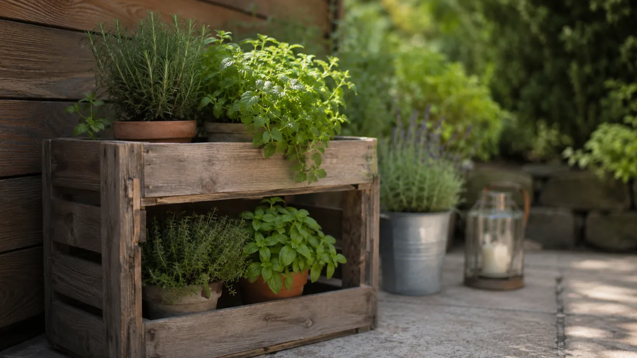 DIY-Gartendekoration mit Holzkiste, Kräutern und Windlicht auf einer Terrasse.