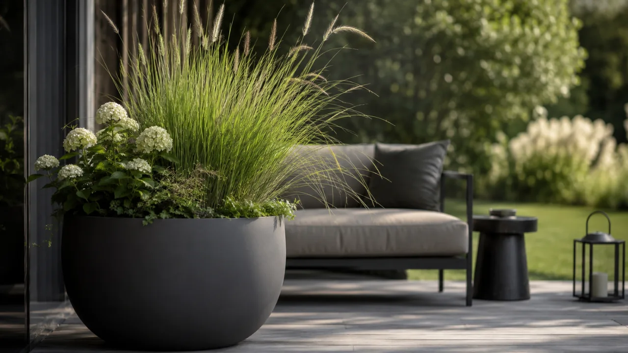 Moderne Sommerdeko für den Garten mit großem Pflanzgefäß, Gräsern und stilvoller Sitzecke.