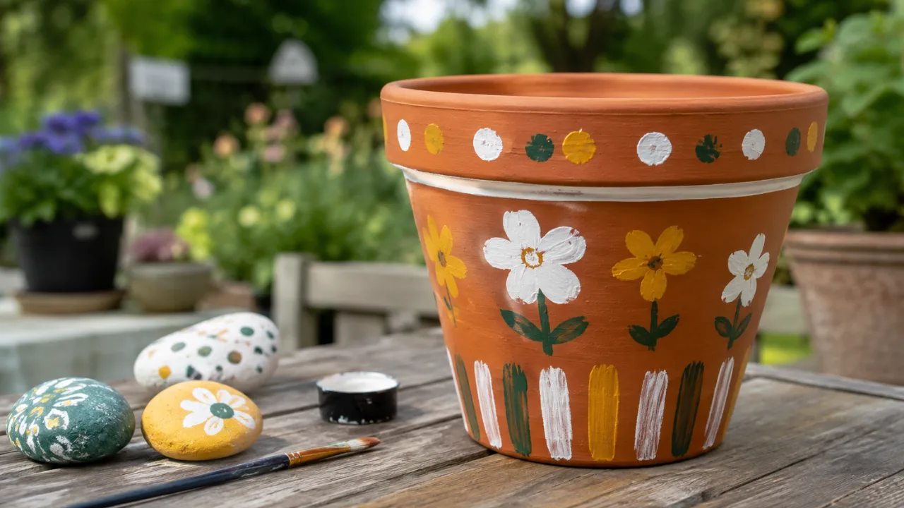 Gartendeko mit Kindern basteln: Bemalter Blumentopf und bunte Steine auf einem Holztisch im Garten.