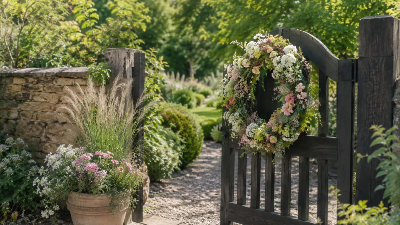 Gartentordeko im Juli mit Blumenkranz, Pflanzkübel und rustikalem Holztor.