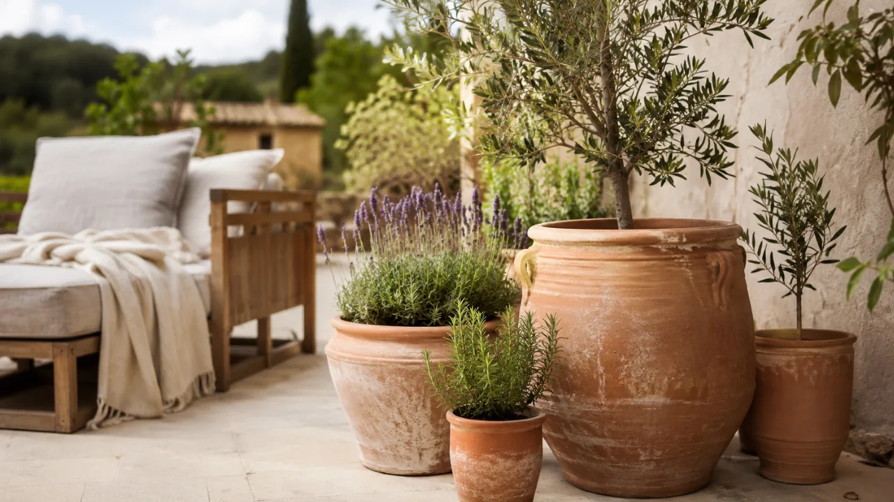 Terrassendeko mit Tontöpfen, Lavendel und Olivenbaum auf einer sonnigen, mediterranen Terrasse.