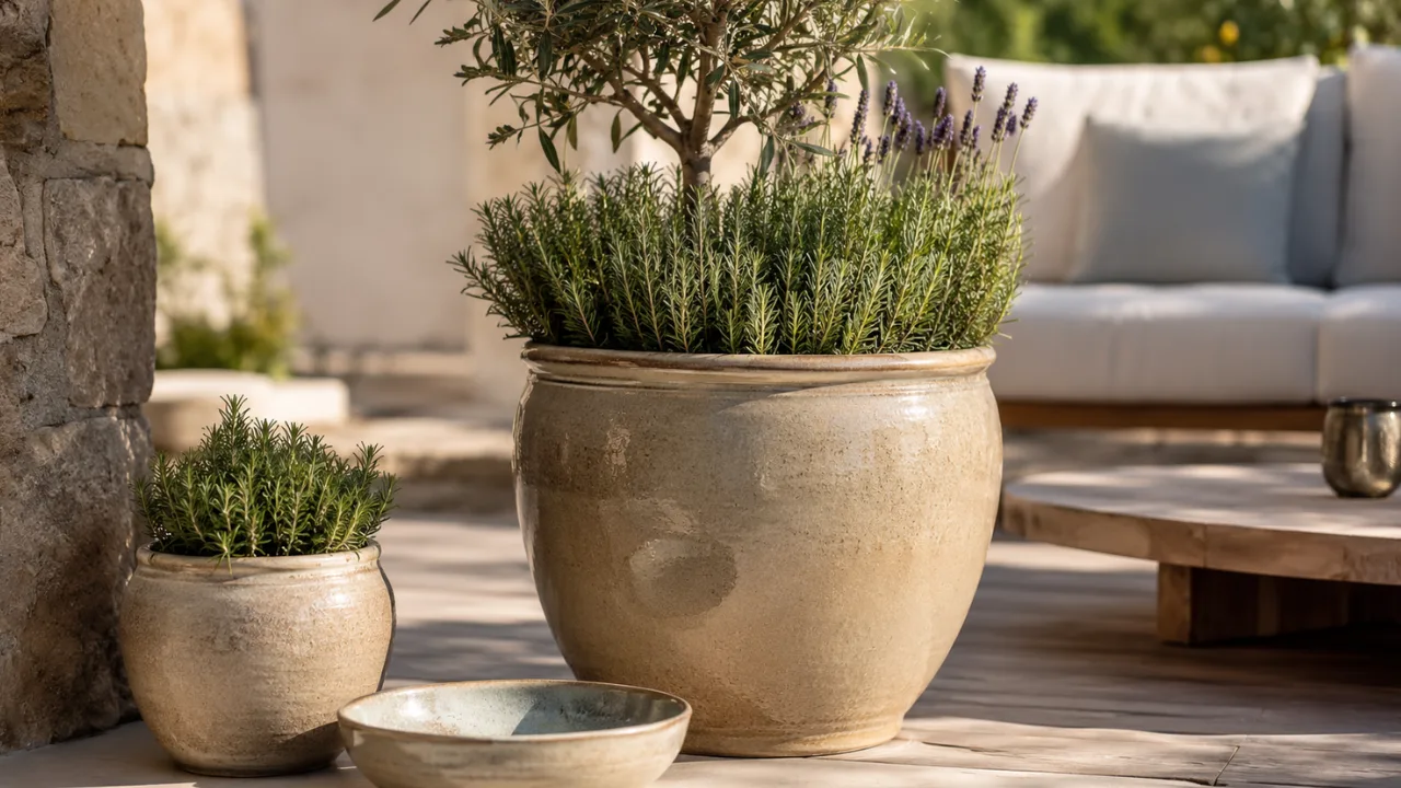 Terrassendeko mit Keramik auf einer sonnigen Terrasse mit großen Pflanzgefäßen, Lavendel und Rosmarin.