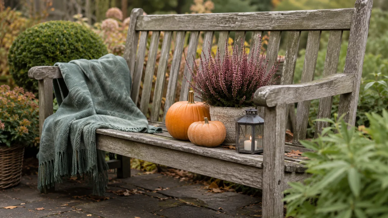 Herbstdeko für die Gartenbank mit Kürbissen, Heide und Laterne im herbstlichen Garten.