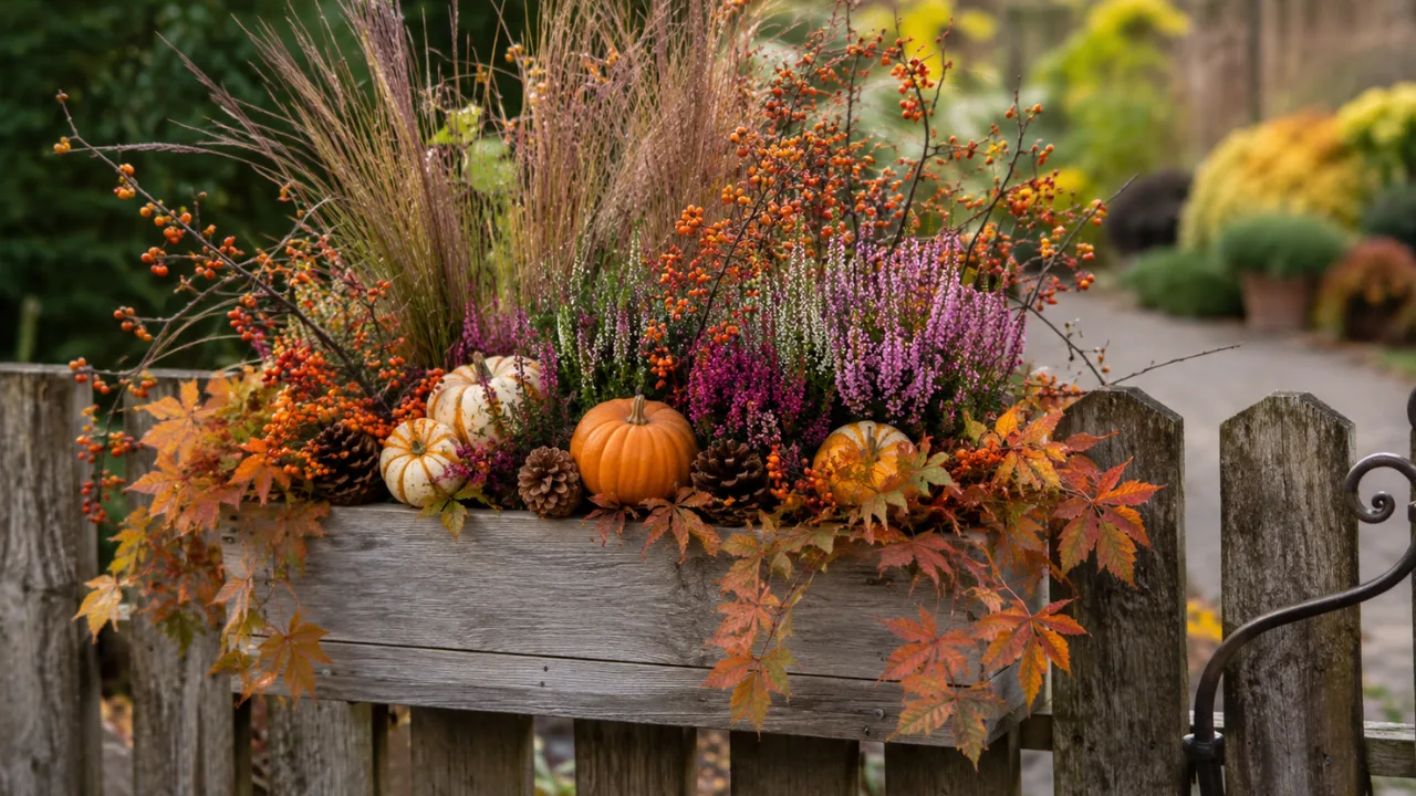 Herbstdeko für den Gartenzaun mit Heide, Kürbissen, Beeren und Gräsern.