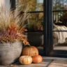 Herbstdeko für die Terrassentür mit Pflanzkübel, Ziergras, Heide und Kürbissen im warmen Tageslicht.