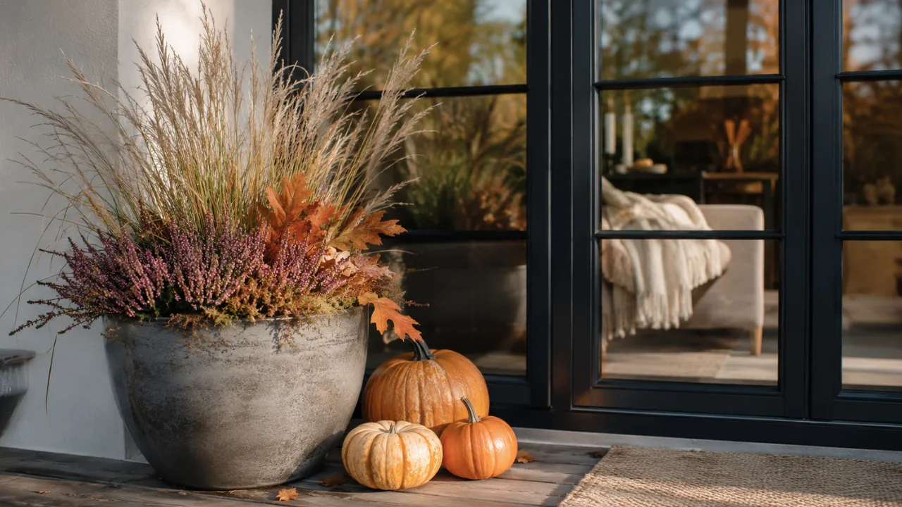 Herbstdeko für die Terrassentür mit Pflanzkübel, Ziergras, Heide und Kürbissen im warmen Tageslicht.
