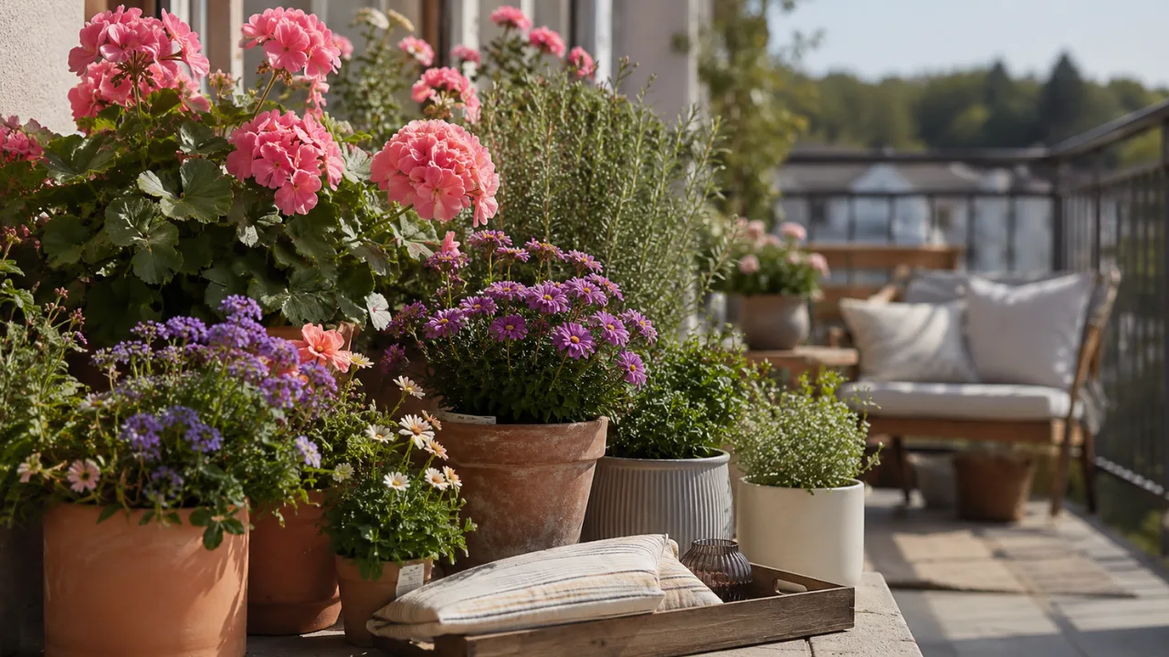 Balkondeko im August mit blühenden Pflanzen, Terrakottatöpfen und gemütlicher Sitzecke.