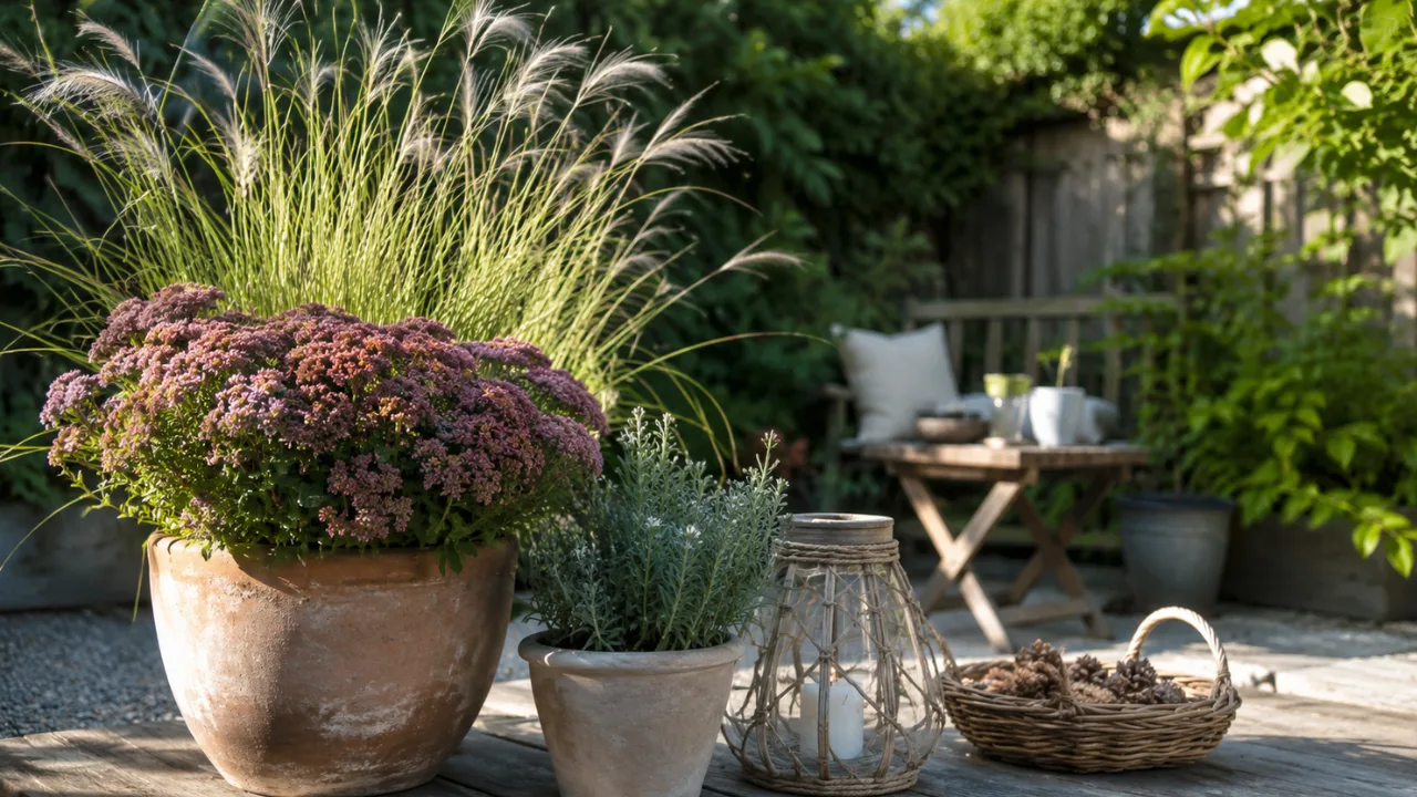 Kleiner Garten mit Deko im August, Terrakottatöpfen, Ziergras, Fetthenne und gemütlichem Sitzplatz.