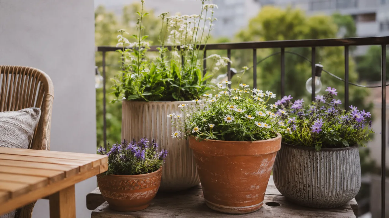 Balkondeko mit Blumentöpfen – so entsteht ein wunderschönes Gesamtbild Balkondeko mit Blumentöpfen auf einem sonnigen Balkon mit Terrakotta, Keramik und üppigen Blüten.
