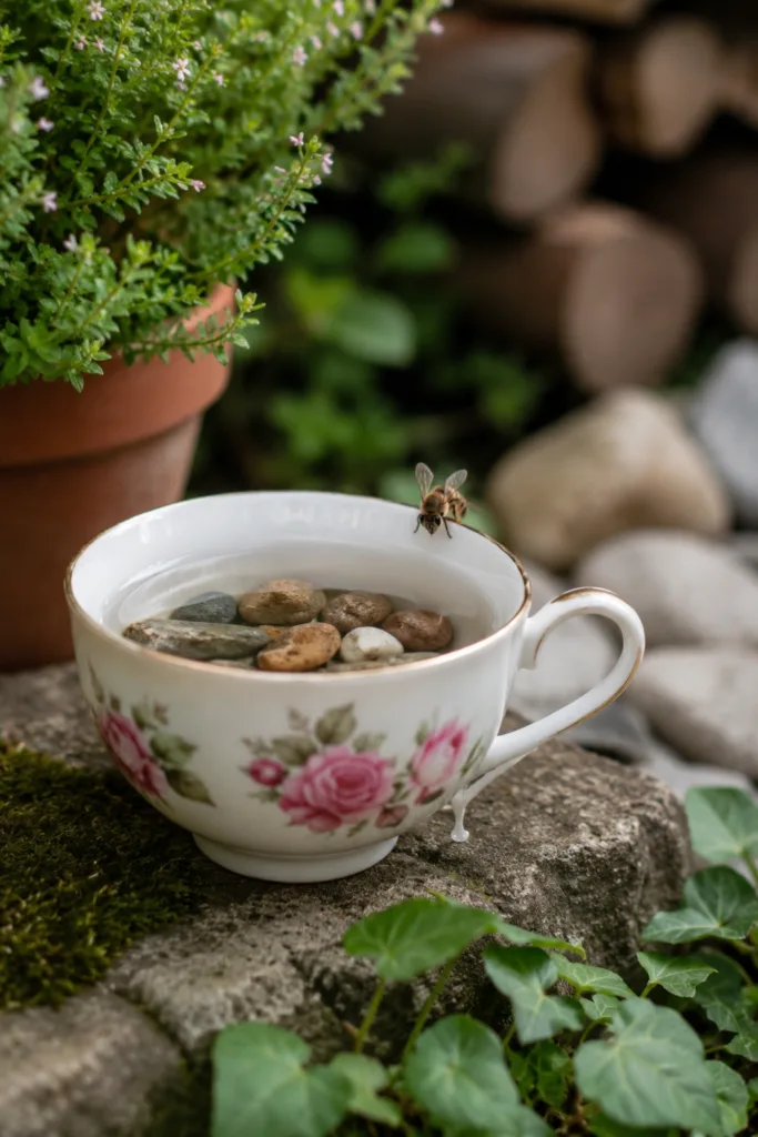 Gartendeko mit Teetassen – 5 wunderschöne Ideen für deinen Garten Teetasse mit Wasser und Steinen als Insekten-Wasserstelle im Garten, Biene am Rand im natürlichen Umfeld