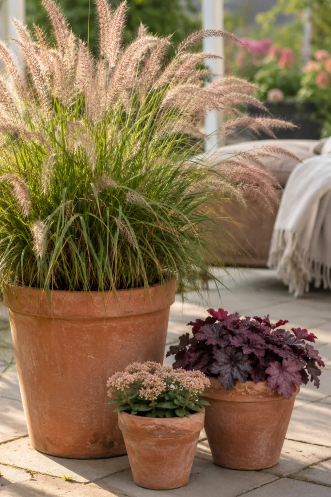 Gartendeko im August mit Terrakottatöpfen, Lampenputzergras, Fetthenne und Purpurglöckchen.