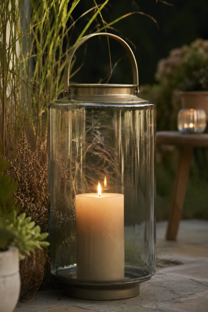 Gartendeko im August mit großem Windlicht zwischen Gräsern auf der Terrasse.
