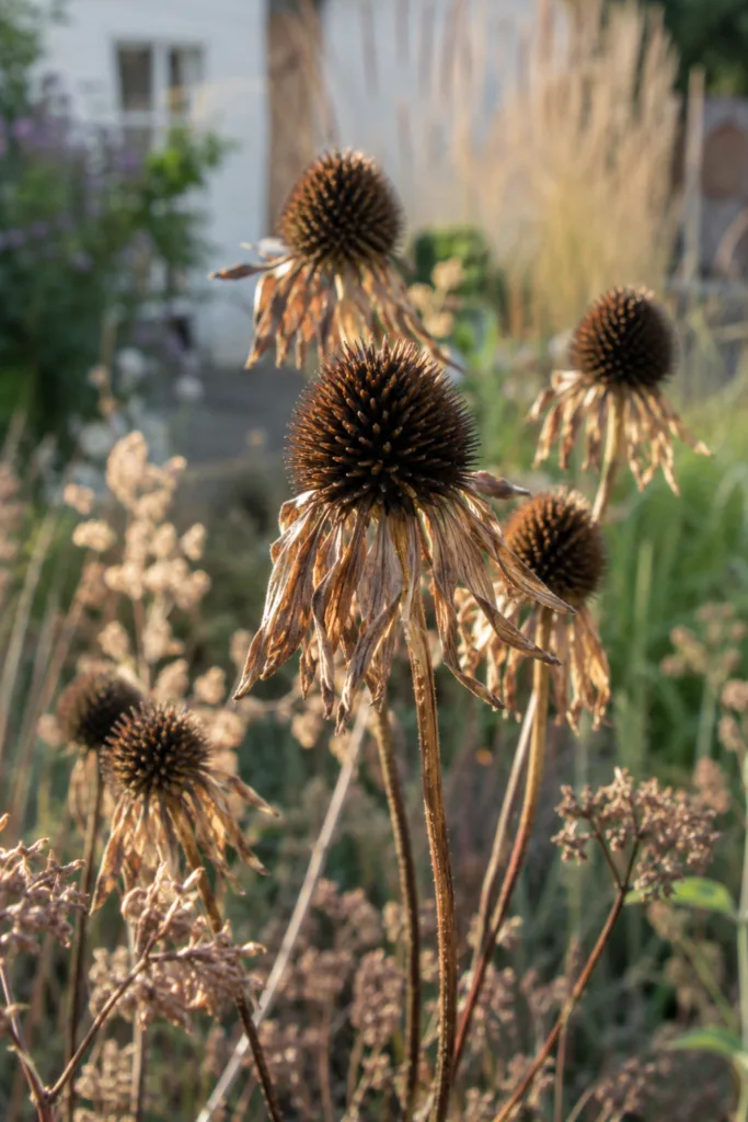 Gartendeko im August mit verblühten Sonnenhüten und dekorativen Samenständen im spätsommerlichen Beet.