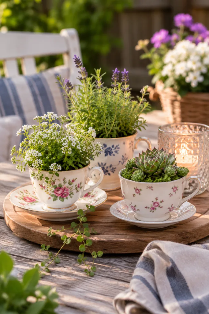 Gartendeko mit Teetassen – 5 wunderschöne Ideen für deinen Garten Gartendeko mit alten Teetassen als Tischdeko im Garten auf Holztablett mit Pflanzen und Kerze